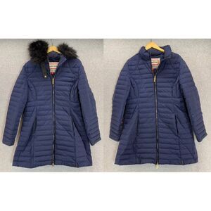 Hunter Women's Size Large Navy Blue Puffer Coat Faux Fur‎ Collar Hood Down Fill